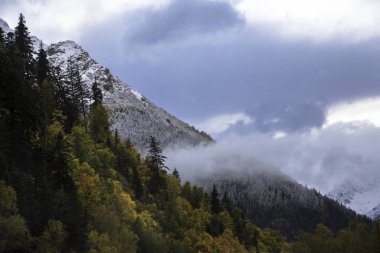 Dağlar bulutlu. Bulutlardaki güzel dağ kayaları. Kuzey Kafkasya 'nın manzarası