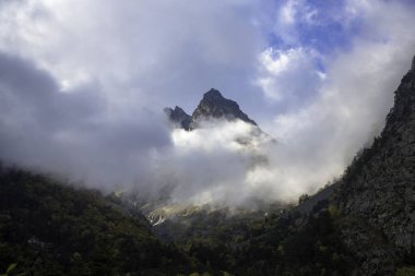 Dağlar bulutlu. Bulutlardaki güzel dağ kayaları. Kuzey Kafkasya 'nın manzarası
