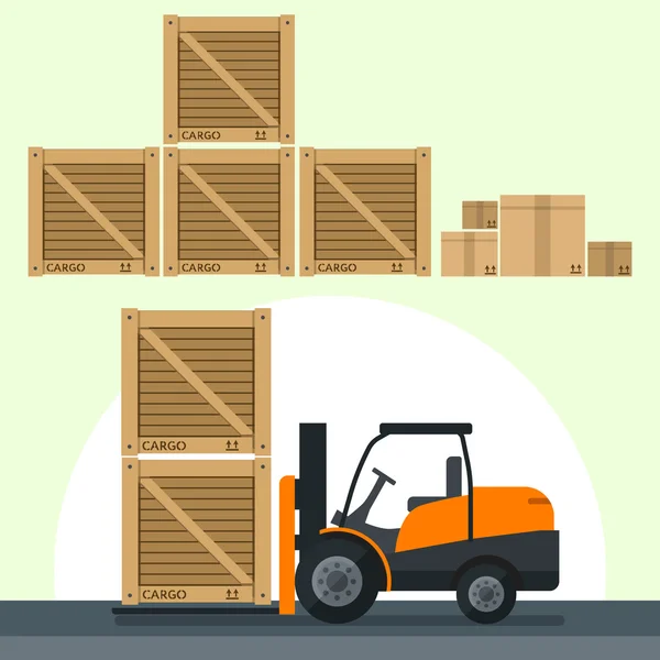 Planas ilustrações vetoriais planas caixas de carregamento por empilhadeira — Vetor de Stock