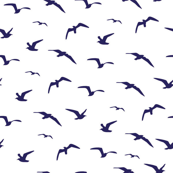 Seagulls flying on the white background. Dark blue silhouette of flying birds. Vector illustrattion