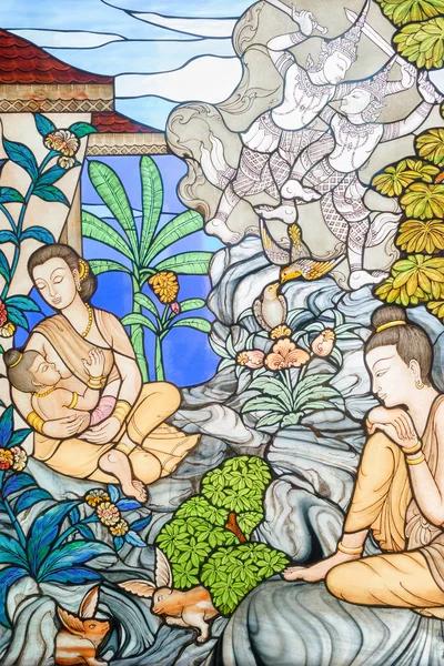 Stained glass image of the story of Mahajanaka — Stock Photo, Image