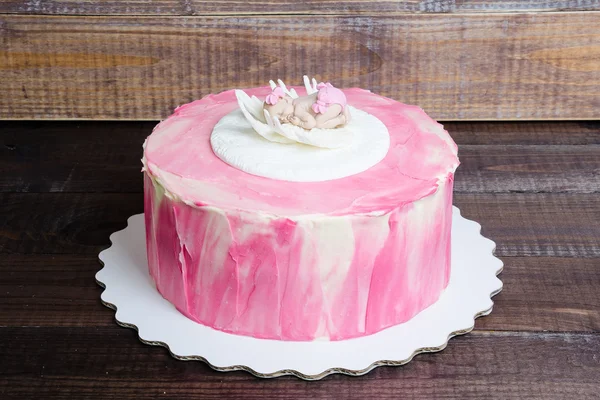 Bebé niña cumpleaños crema queso rosa pastel — Foto de Stock