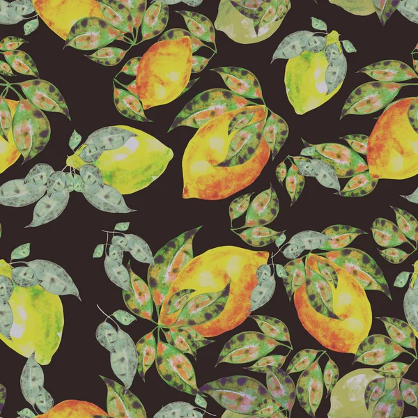 lemon leaves citrus watercolor pattern dark background