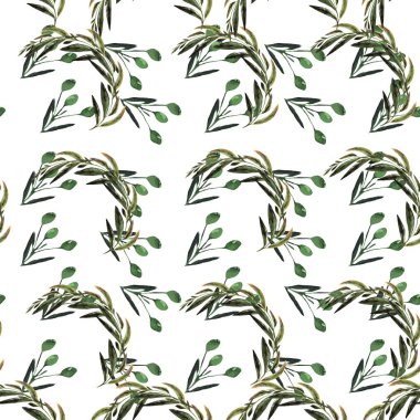 Zeytin yapraklı botanik çelenk suluboya bitkileri, yapraklı yeşil gradyan dalları beyaz arka plan, el çizimi, zeytin, yeşil dut, olgun meyve, olgun sebze, yaz, sonbahar, doku