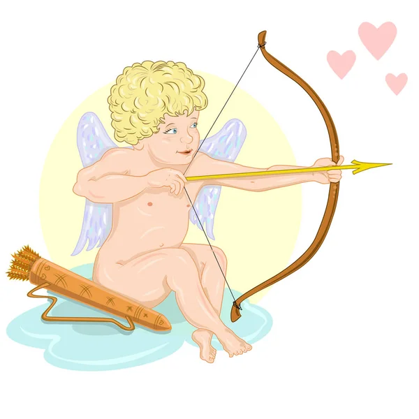 Cupidon assis sur un nuage, pointant une flèche vers le cœur de quelqu'un . — Image vectorielle