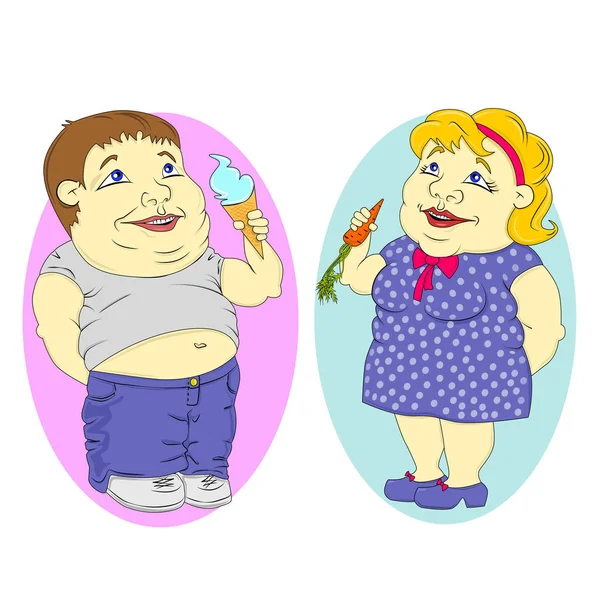 Hombre gordo y mujer comiendo helado y zanahorias . — Vector de stock