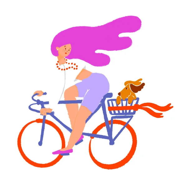 Pembe Saçlı Kız Sepetinde Sevimli Bir Köpekle Bisiklete Biniyor Modern Telifsiz Stok Imajlar