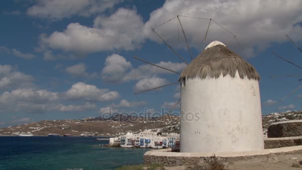 The windmills of Mykonos with Little Venice — Stock Video