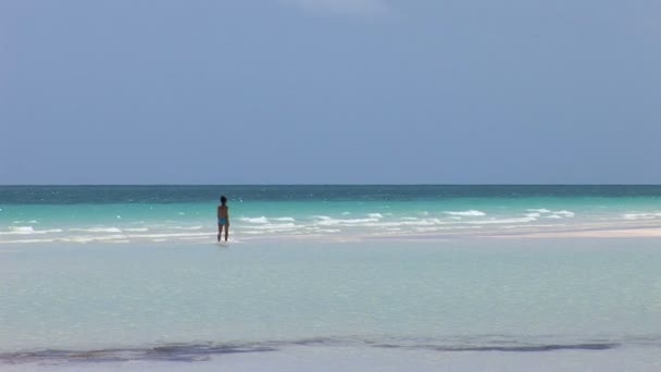 LUCAYAN BEACH / GRAND BAHAMA: Женщина в море на пляже — стоковое видео