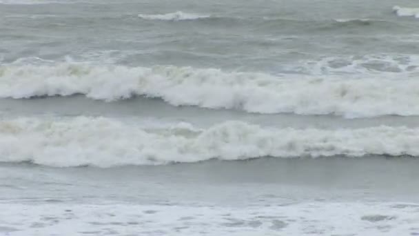 Adam kürekler dışarı Bali bir sahilde fırtınalı bir denizde sörf tahtası — Stok video