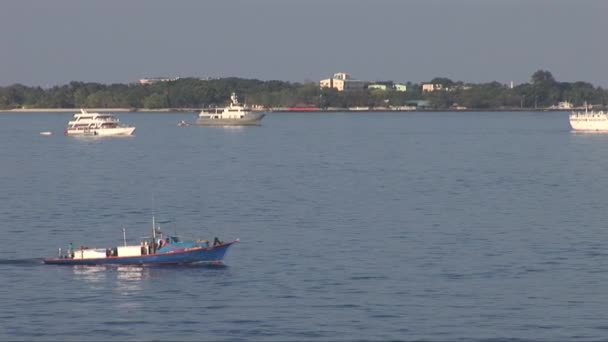 Kleines Fischerboot, das in Männchen segelt — Stockvideo