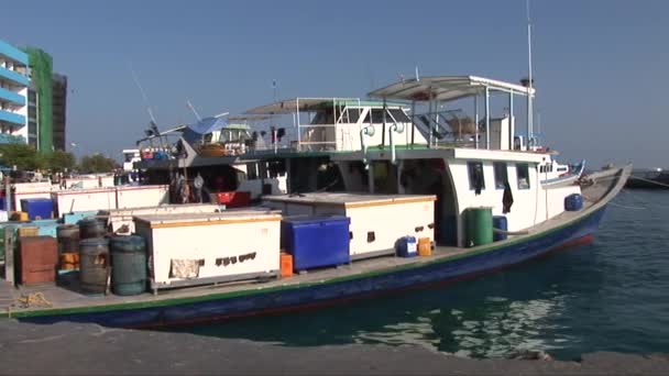 Barco de pesca ancorado em Masculino , — Vídeo de Stock