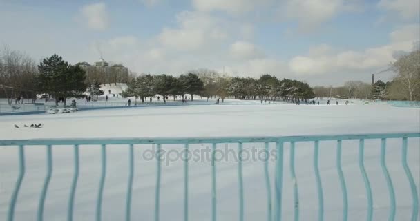 无人机跟踪沿着栏杆围结冰的湖面 — 图库视频影像