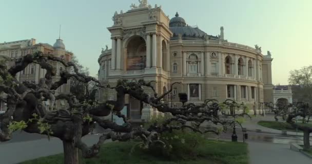 空中摄像头跟踪慢慢通过漂亮的树木与敖德萨歌剧院背后 — 图库视频影像