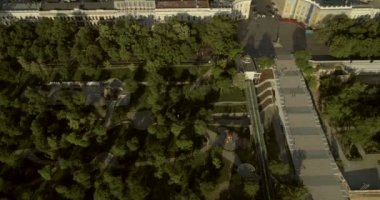 Aerial camera flies back and tilts up to reveal the Potemkin Steps, Istanbul Park and the Odessa Skyline/ 