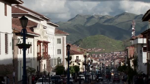 Allmänna Scen Tittar Ner Gata Cusco Peru Tittar Mot Närliggande — Stockvideo