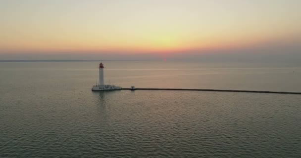 Drone Flies Tranquil Waters Odessa Port Odessa Lighthouse Sun Rising — Stock Video