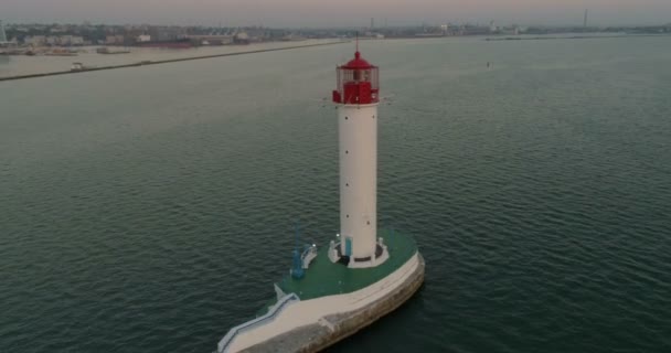 Drone Flies Odessa Lighthouse Dawn Cruise Terminal City Skyline Background — Stock Video