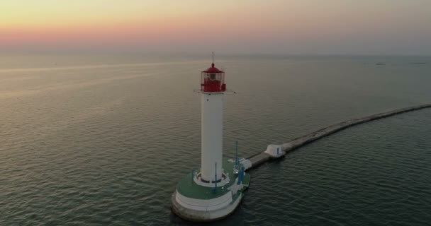 Drone Flies Odessa Lighthouse Dawn Rising — Stock Video