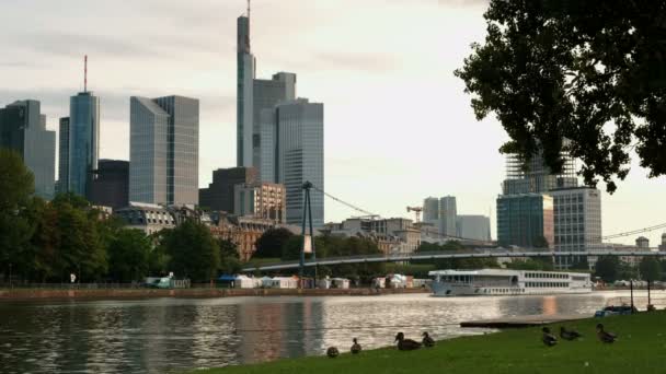 Statisk Lav Vinkel Tidlig Morgen Klip Frankfurt Skyline Floden Main – Stock-video