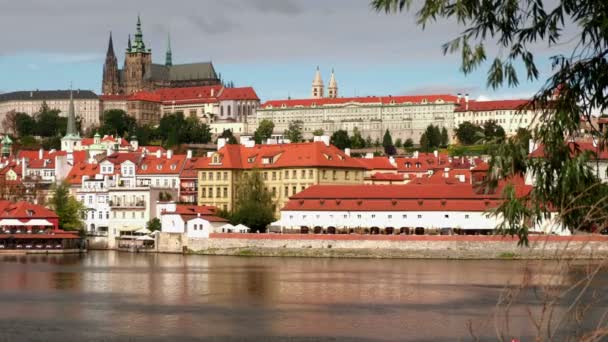 Static Clip Prague Castle River Vltava Framed Left Foliage — Stock Video