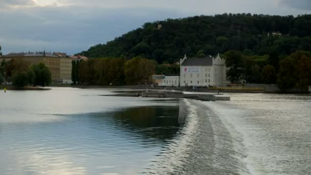 Diga Scorre Veloce Sul Fiume Moldava Vicino Ponte Carlo Praga — Video Stock