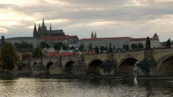 Tidig Kväll Skott Turist Korsar Karlsbron Prag Med Pragborgen Bakom — Stockvideo