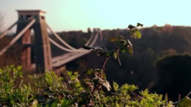 Kamera slaytlar üzerinde araştırmalar ile Clifton asma köprü arkasında bulanıklık. Bir bahar gün batımı sırasında vurdu