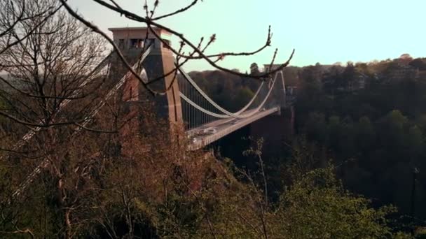 Kameran Glider Bakom Trädgrenar Att Avslöja Clifton Suspension Bridge Bakom — Stockvideo