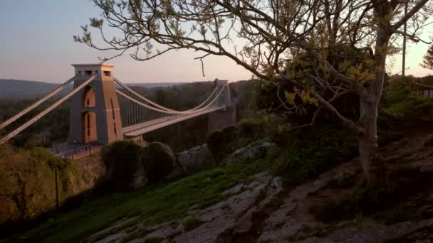 Statyczne Klip Wiszącego Clifton Suspension Bridge Otoczony Kwitnąca Drzewo Podczas — Wideo stockowe