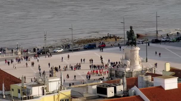 Elevado Clipe Estático Telefoto Bailarinos Praca Comercial Lisboa Emoldurado Por — Vídeo de Stock