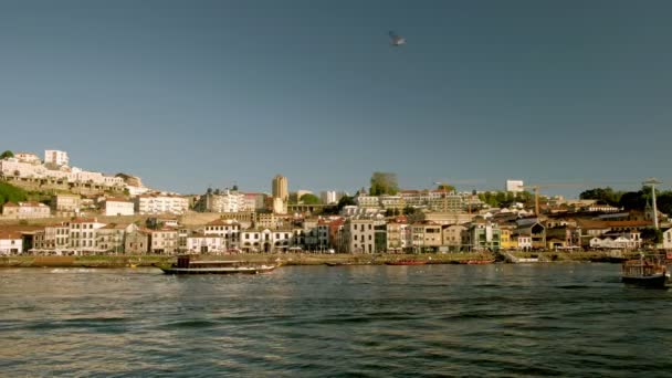 在葡萄牙杜洛河上航行的观光船 加亚人行横道的一大段 — 图库视频影像
