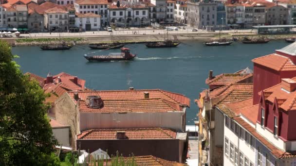 Elevated Clip Tour Boat Passing Douro River Porto Portugal Popular — Stock Video