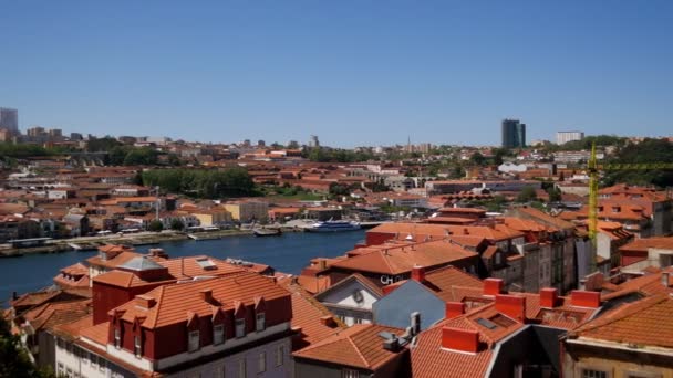 Slow Pan Terracotta Rooftops Central Porto Bright Sunny Day Portugal — Stock Video