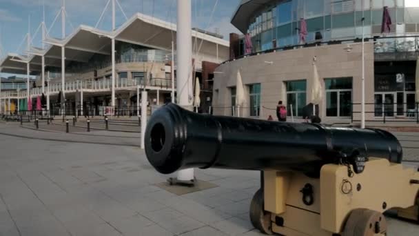 潘从旧大炮到炮台码头的海滨 — 图库视频影像