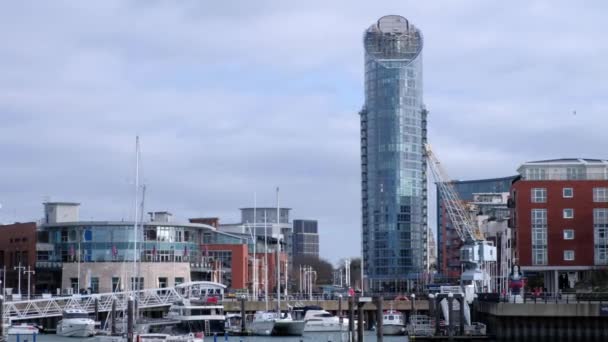 Gunwharf Quays Residential Commercial Sections Shot Boat Portsmouth Harbour Blustery — Stock Video