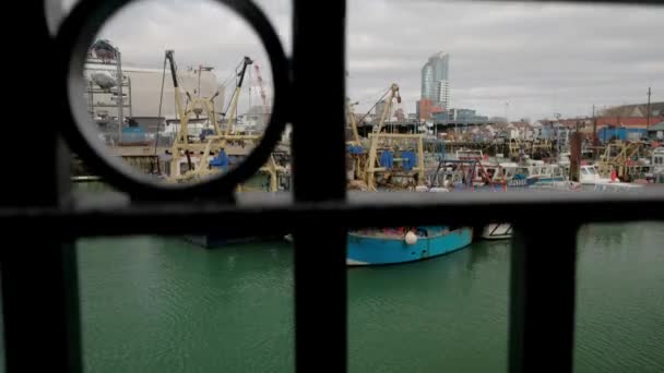 Camera Sorge Dietro Ringhiere Rivelare Piccoli Pescherecci Ormeggiati Nel Porto — Video Stock