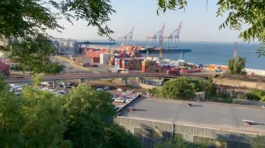 Shevchenko Parkı 'ndan ağaçların çerçevelediği Odessa Limanı manzarası. Odessa, Ukrayna