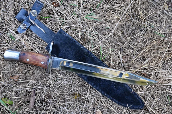 Jagdkonzept mit Jagdmesser auf trockenem Gras — Stockfoto