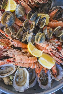 Plate with seafood: prawn, oysters, shrimps,slices of lemons.