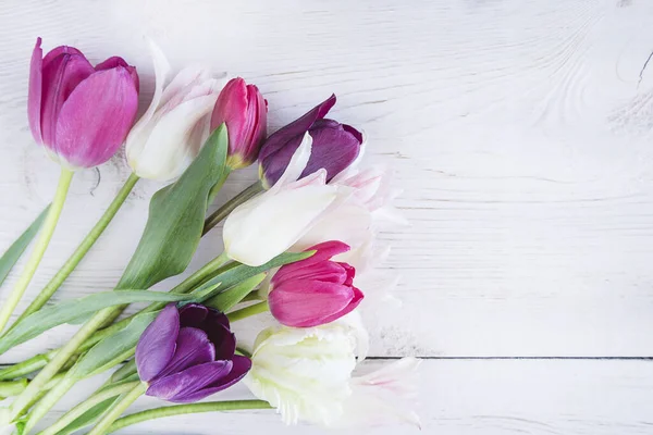 Beyaz boyalı ahşap üzerinde güzel beyaz ve mor laleler.