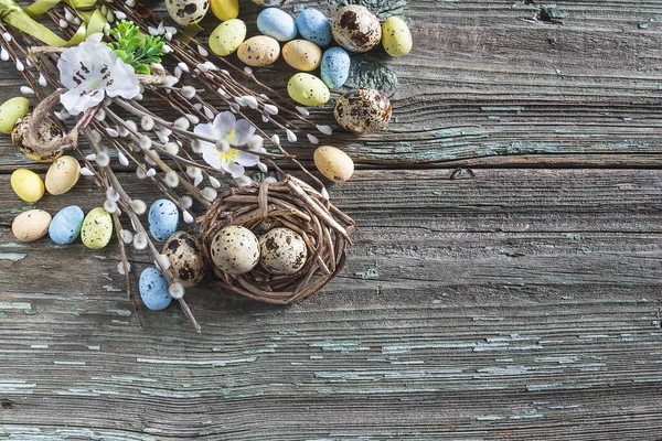 Composizione Vacanza Pasqua Vecchio Sfondo Legno Vernice Quaglia — Foto Stock