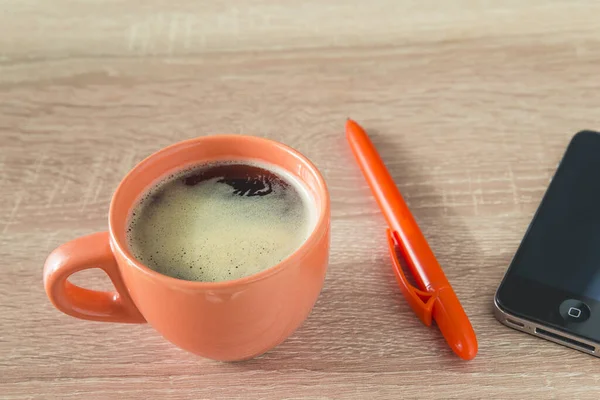 Working Day Office Concept Cup Coffee Phone Orange — Stock Photo, Image