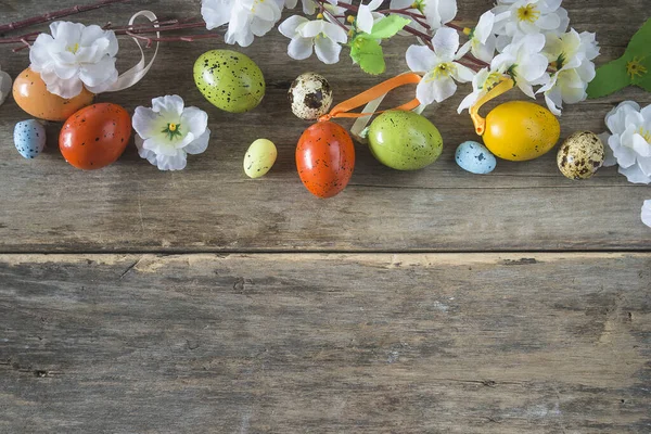 Fondo Vacaciones Pascua Ramita Con Flor Cerezo Huevos Pascua — Foto de Stock