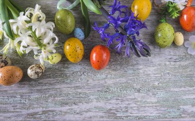 Paskalya bayramı kompozisyonu. Beyaz ve mor sümbül çiçekleri ve paskalya yumurtaları 