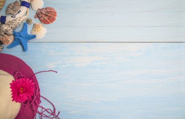 Deniz tatili geçmişi. Mavi renkli ahşap arka planda çeşitli deniz kabukları ve deniz yıldızları. Metin için boşluk, üst görünüm