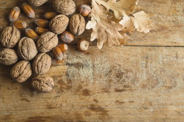 Eski ahşap arka planda ceviz ve fındık. Metin için boşluk, düz uzanma