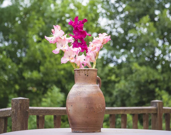 Bellissimo Bouquet Gladiolo Rosa Viola Brocca Rustica — Foto Stock