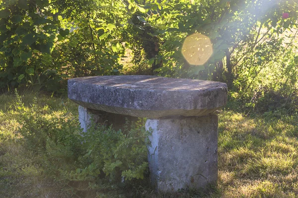 Antique Πέτρινο Τραπέζι Στο Πράσινο Ηλιόλουστο Κήπο Του Καλοκαιριού — Φωτογραφία Αρχείου