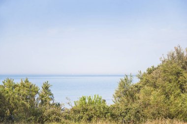 Güneşli bir günde yeşil tepeden güzel mavi deniz manzarası